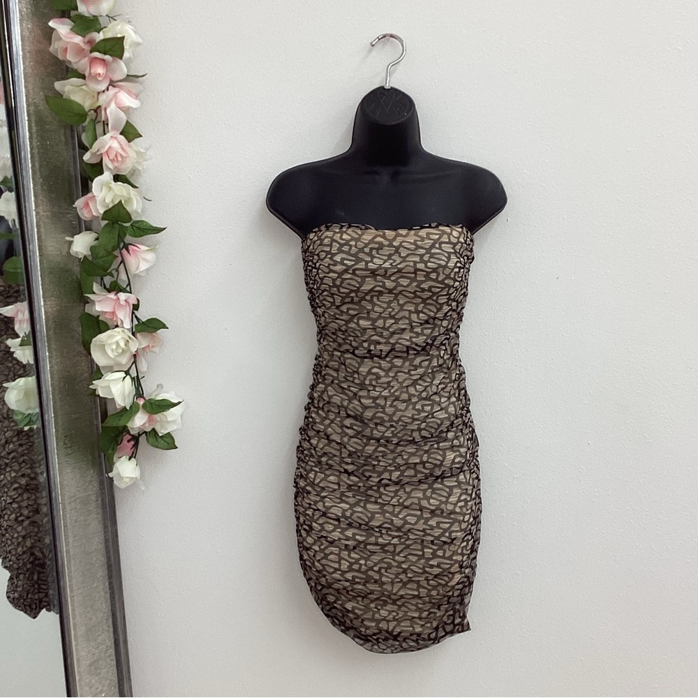 Power tan black mesh animal print ruched bodycon strapless mini dress